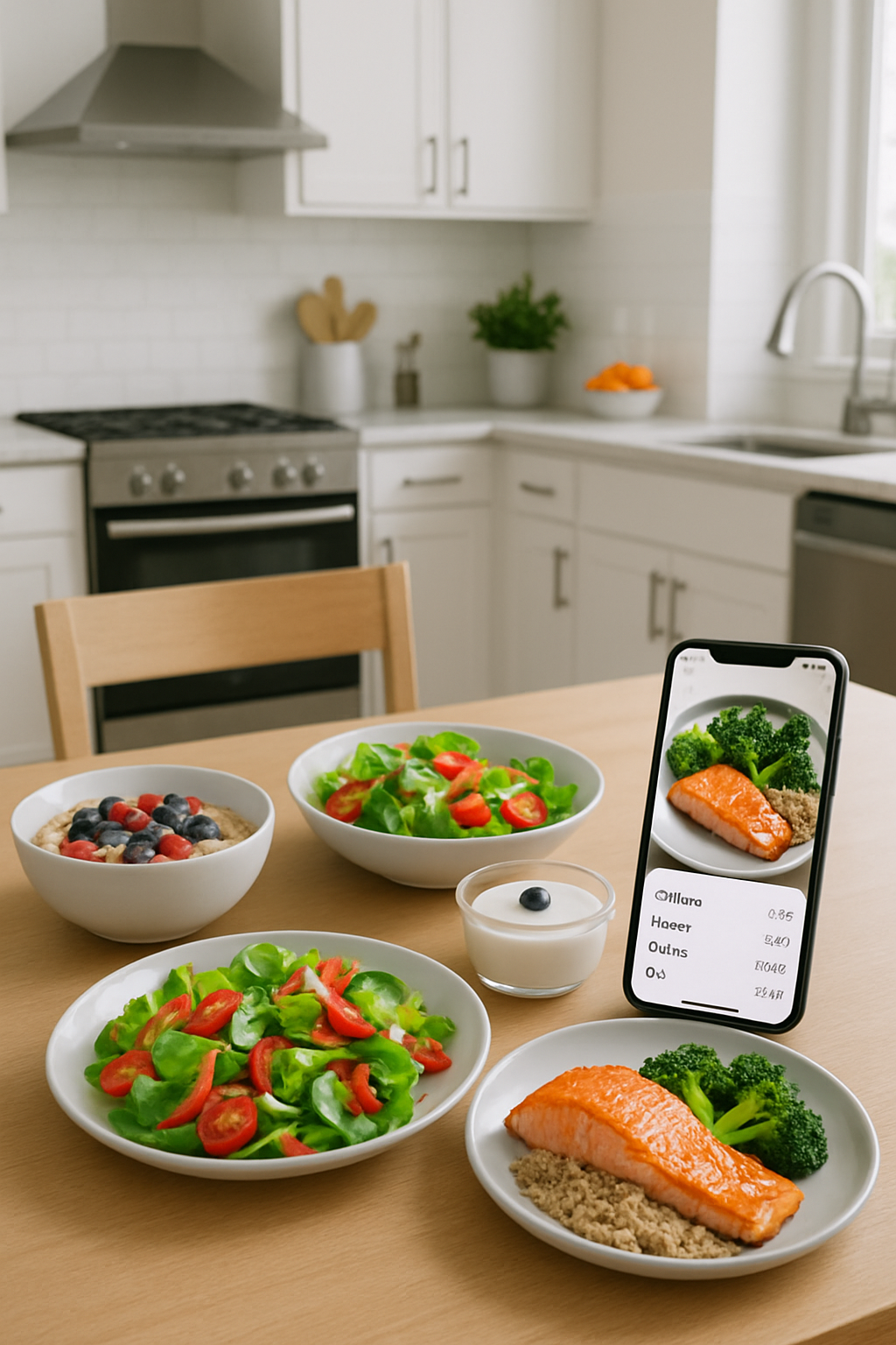 A person using the SnapEat AI nutrition app on their smartphone to track a healthy meal of salmon, broccoli and quinoa.