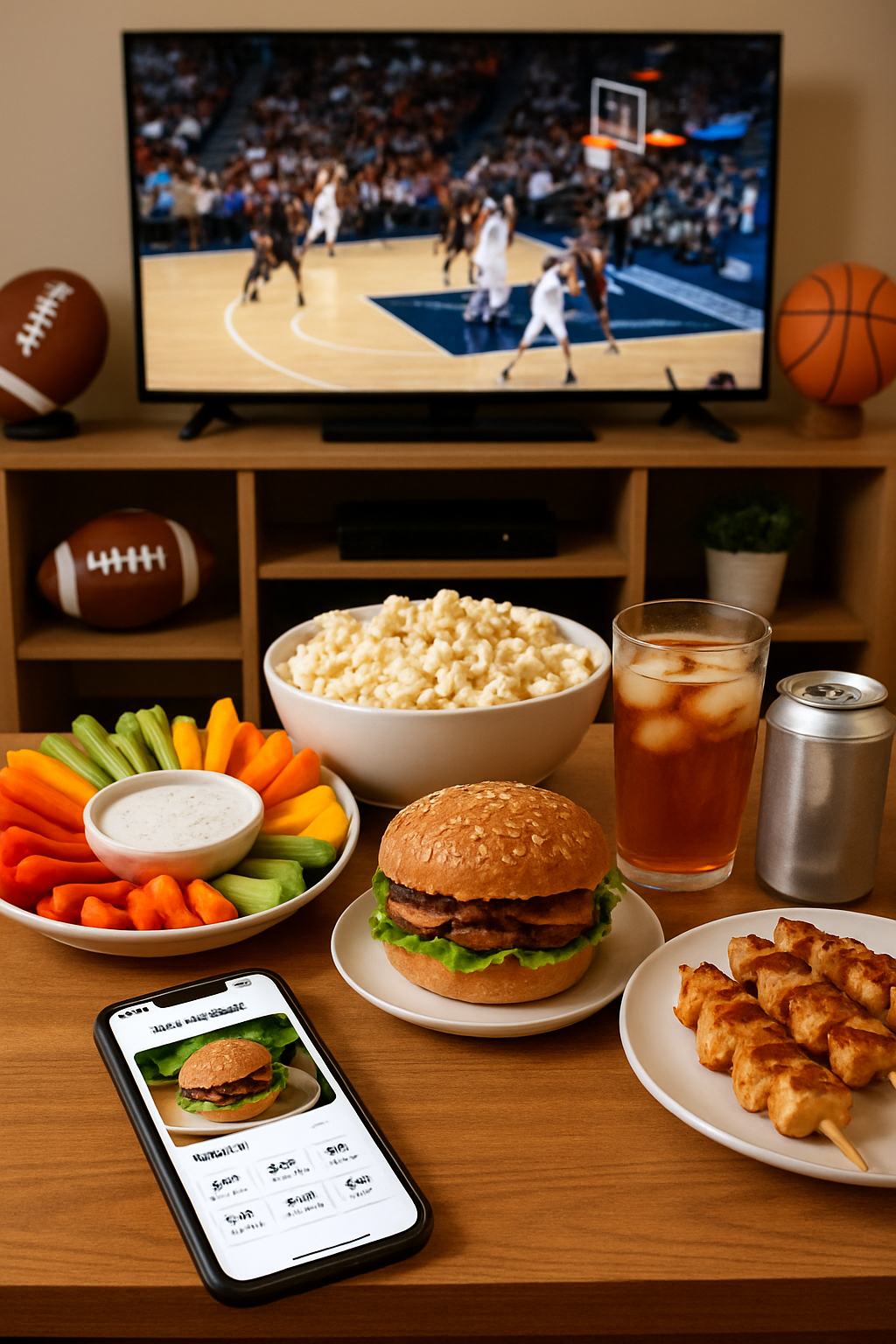 A plate of healthy game day food including chicken skewers and a salad, with a smartphone displaying the SnapEat AI app analyzing the meal.