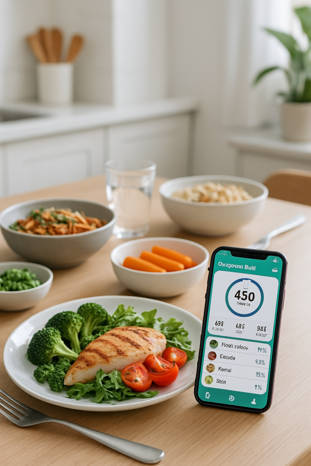 Smartphone showing the SnapEat AI app analyzing a photo of a meal to provide a nutritional breakdown.