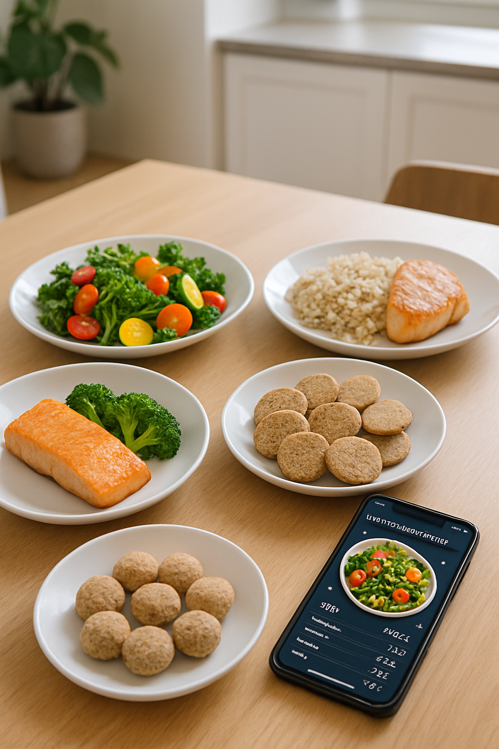Smartphone displaying the Calorify app interface with food recognition analysis of a bowl of salad and fruit