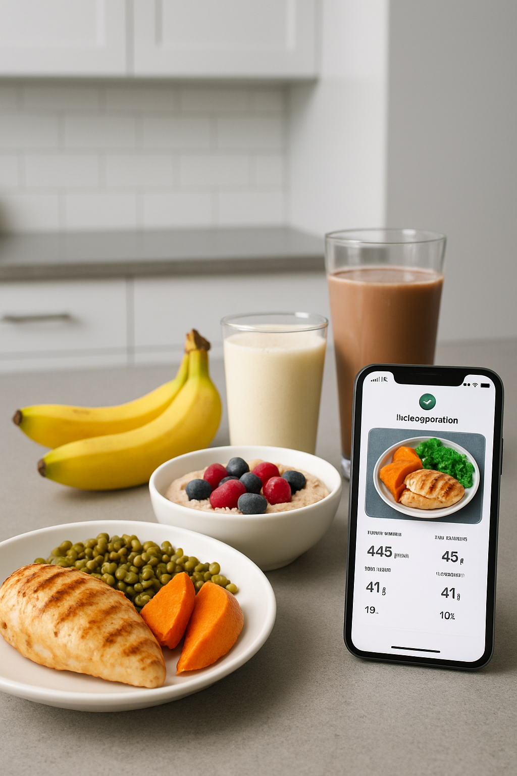 A plate of grilled chicken, sweet potatoes, and broccoli, representing a meal for athletes to optimize performance, with the SnapEat AI app logo.