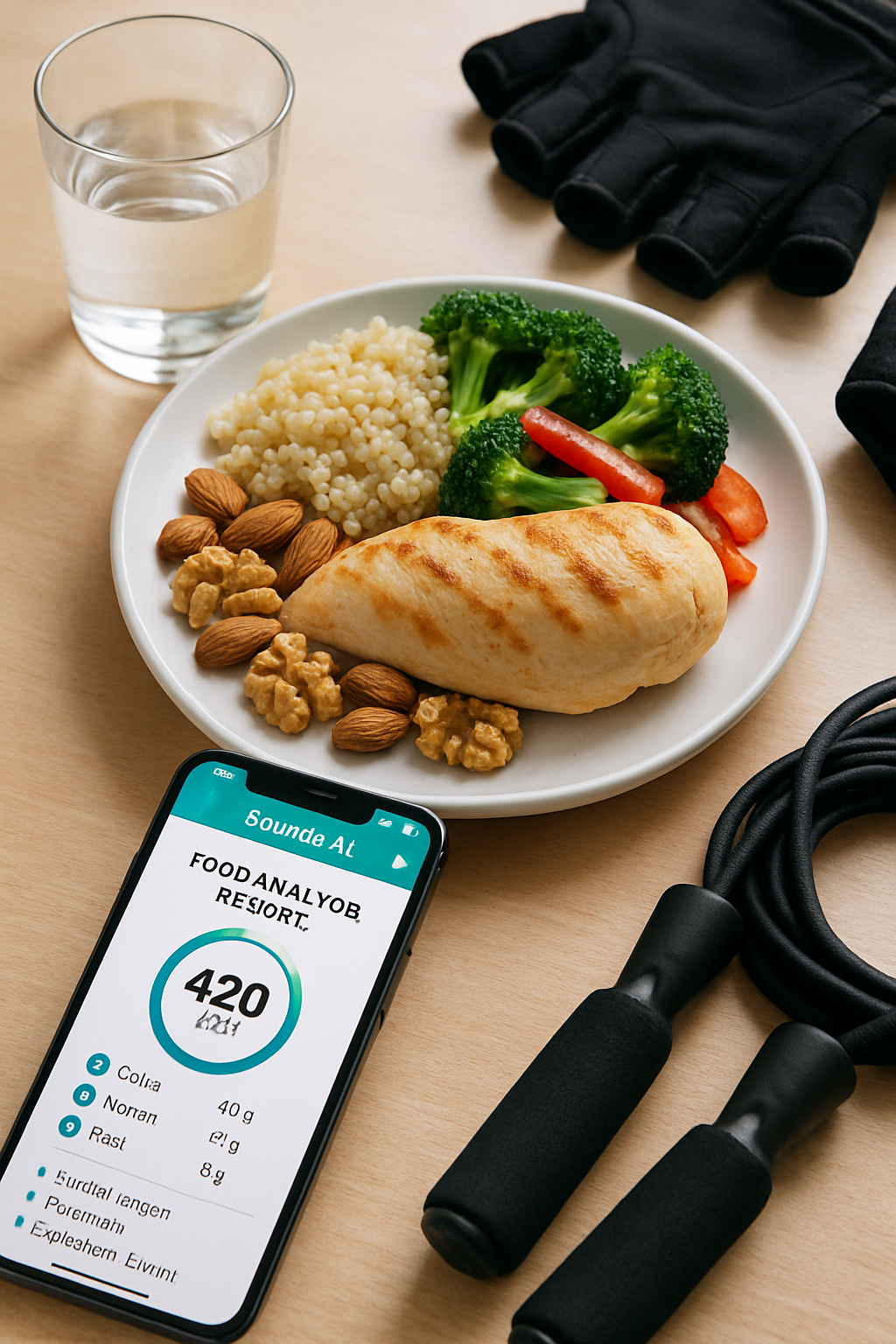 A determined athlete looking at a smartphone with the SnapEat AI nutrition tracker app interface