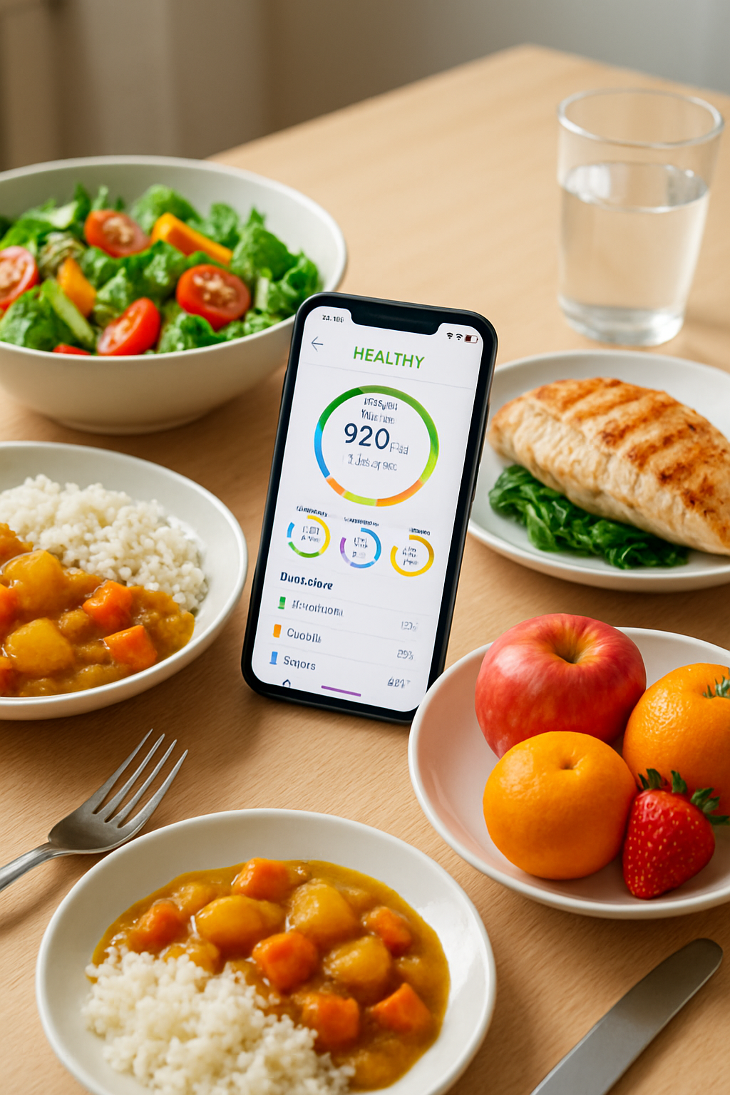 Smartphone displaying the SnapEat AI smart calorie counter app, analyzing a photo of a healthy meal with salmon and vegetables.