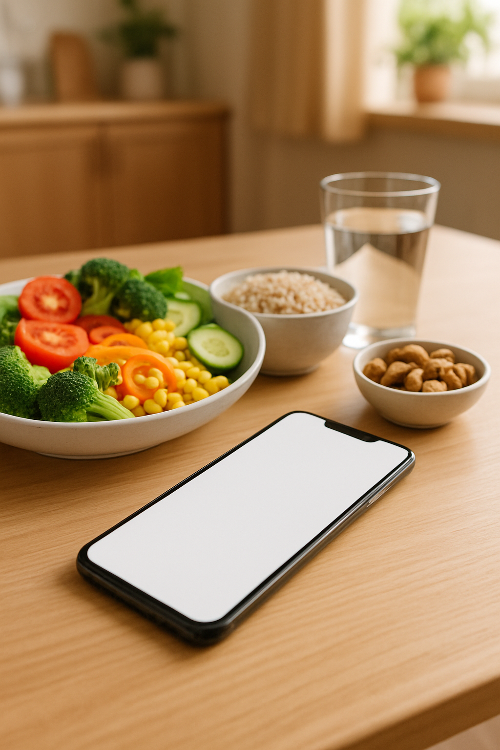 A smartphone displaying the SnapEat AI food tracking app interface with a photo of a healthy meal, demonstrating effortless logging.