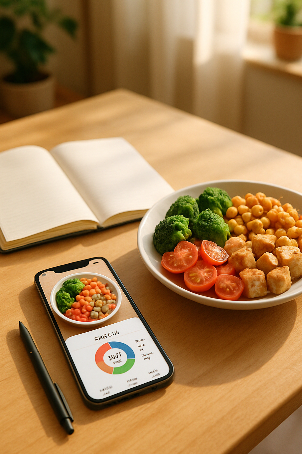 Comparison of SnapEat AI food tracking app on a phone vs manual food logging in a notebook.