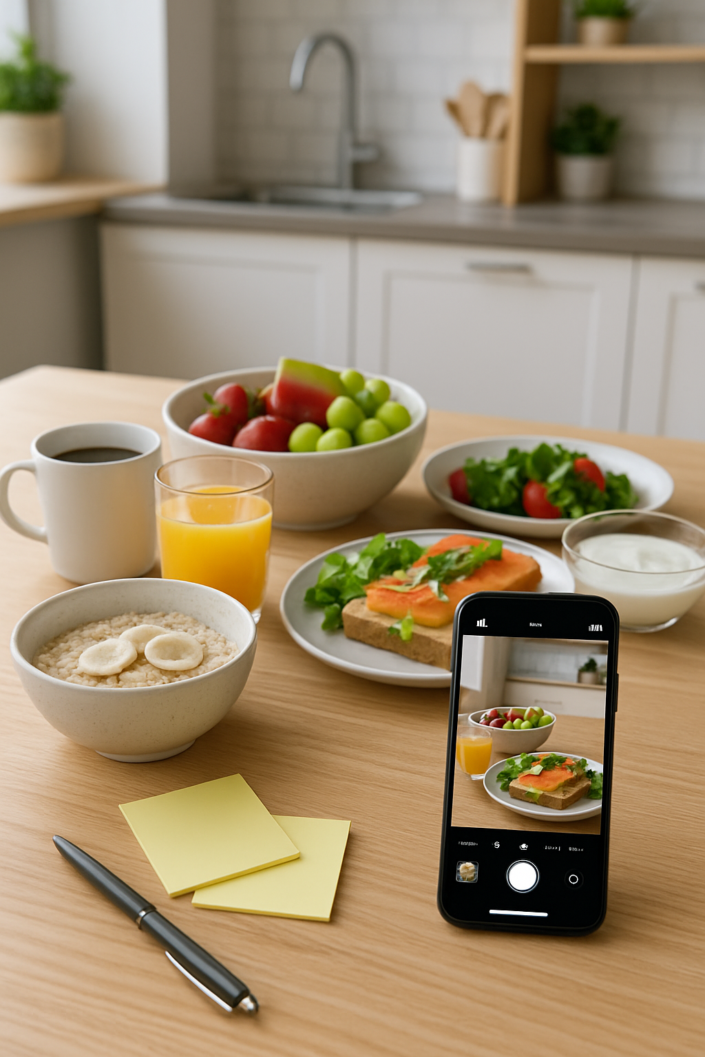 Smartphone using an AI nutrition tracker app like SnapEat to analyze a healthy meal from a photo.