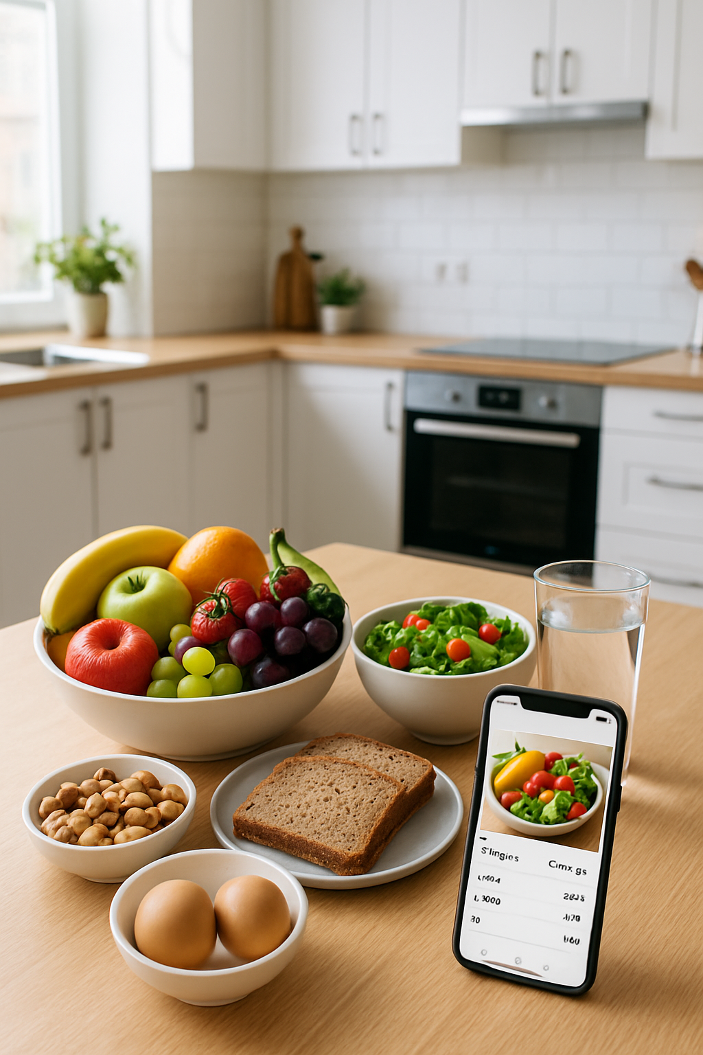 A smartphone showing the SnapEat AI app interface analyzing a healthy meal, embodying the #maddyperez Challenge nutrition journey.