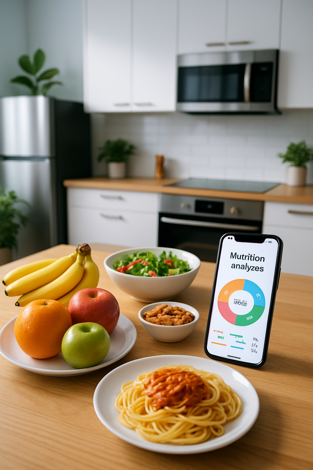 User holding a smartphone with the SnapEat AI app open, analyzing a healthy bowl of salad with image recognition technology.