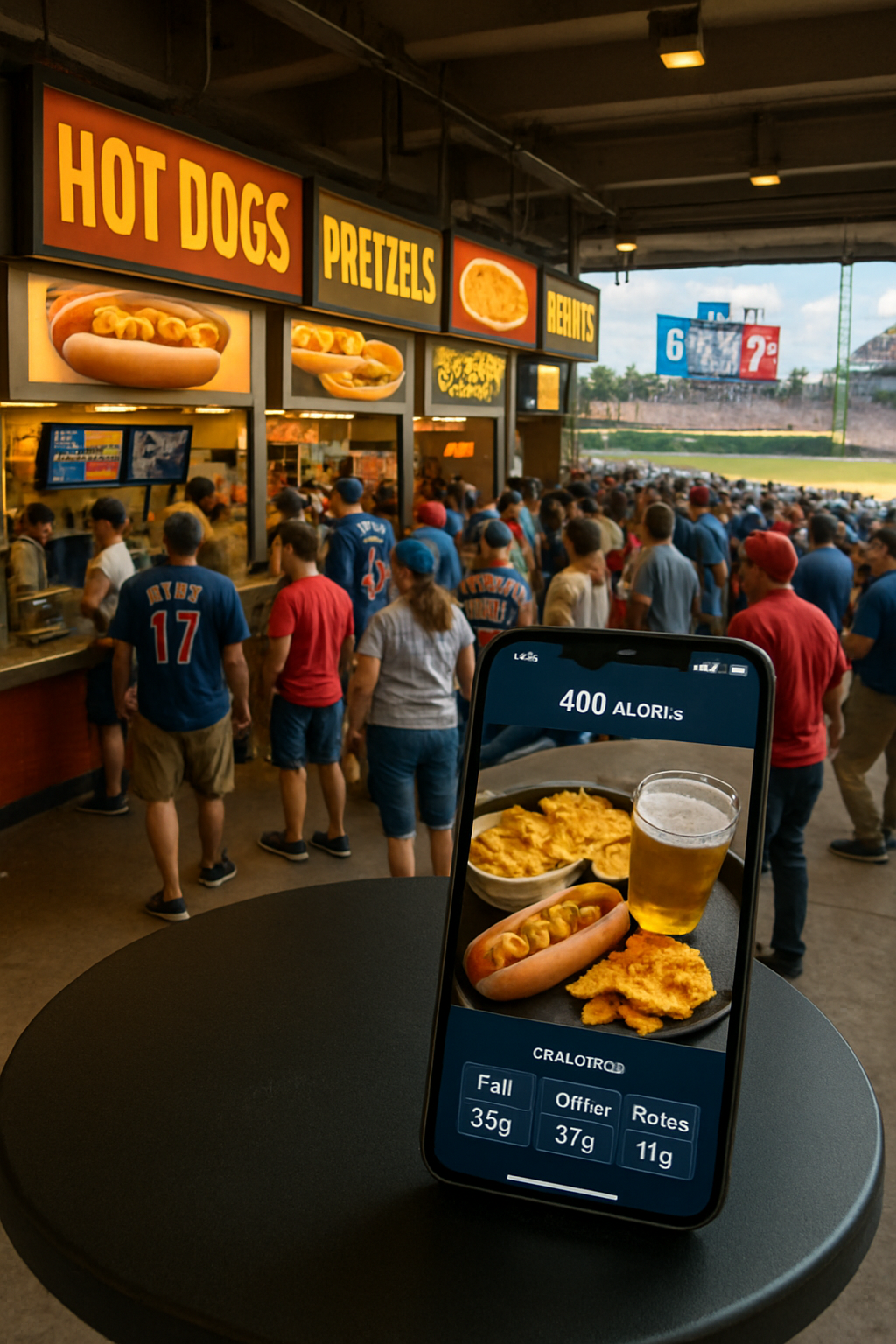A fan using the SnapEat AI food tracker app on a smartphone to analyze a hot dog and beer at a baseball game.