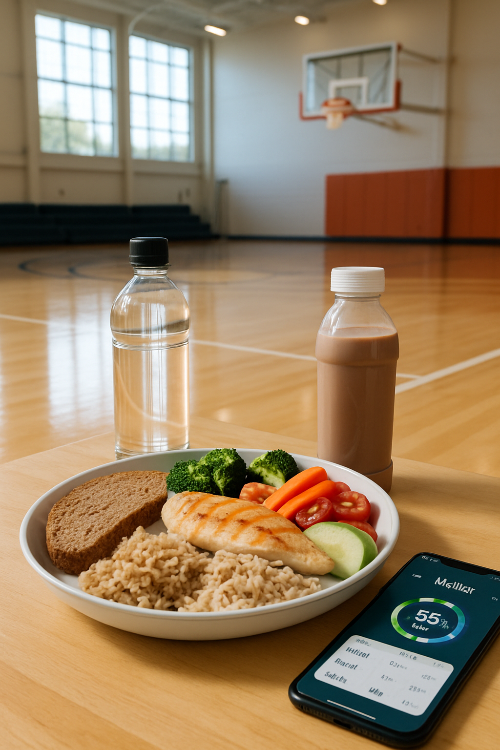 Illustration of a basketball player's gameday diet plan, including pre-game energy foods and post-game recovery meals.