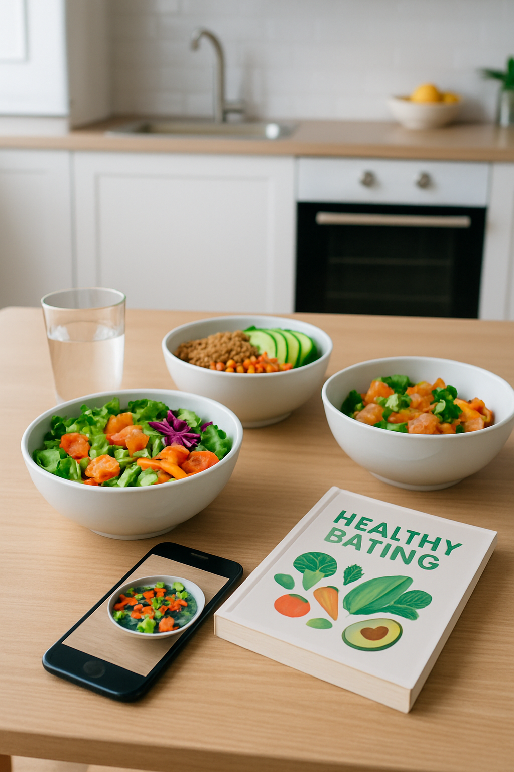 Smartphone showing the SnapEat AI nutrition app interface analyzing a photo of a salad to provide instant nutritional data.