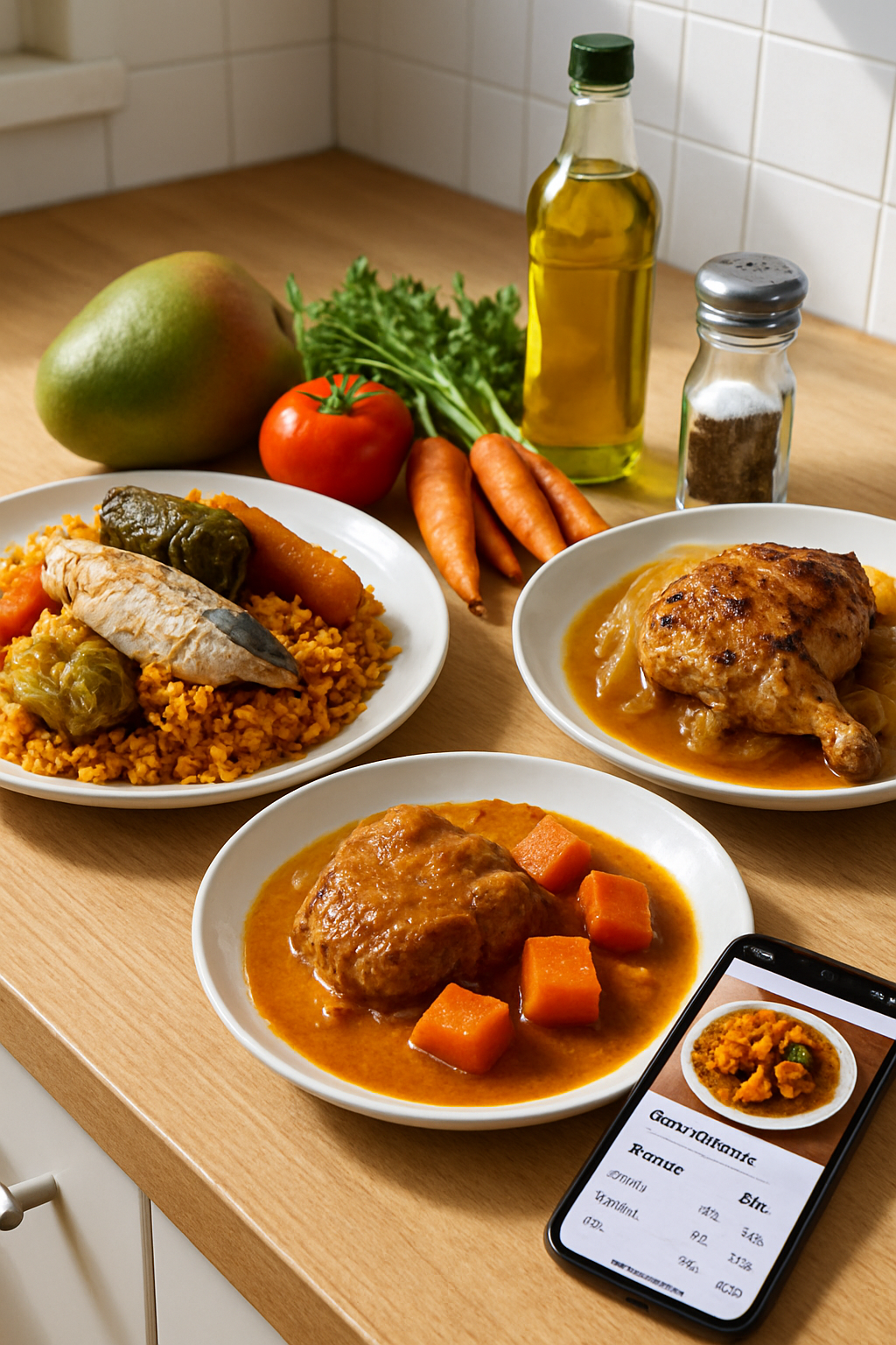 A smartphone using the SnapEat AI app to analyze the calories and nutrition of a plate of Senegalese Thieboudienne.