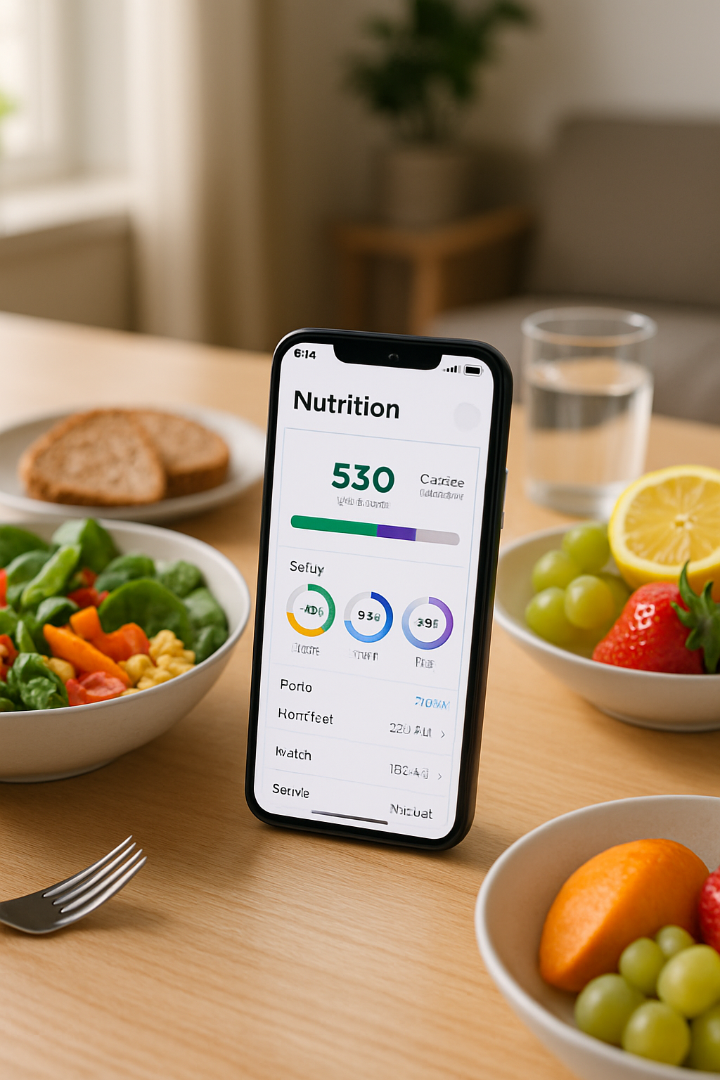 A smartphone using the SnapEat AI smart calorie tracker app to scan and analyze a bowl of salad and fruit.