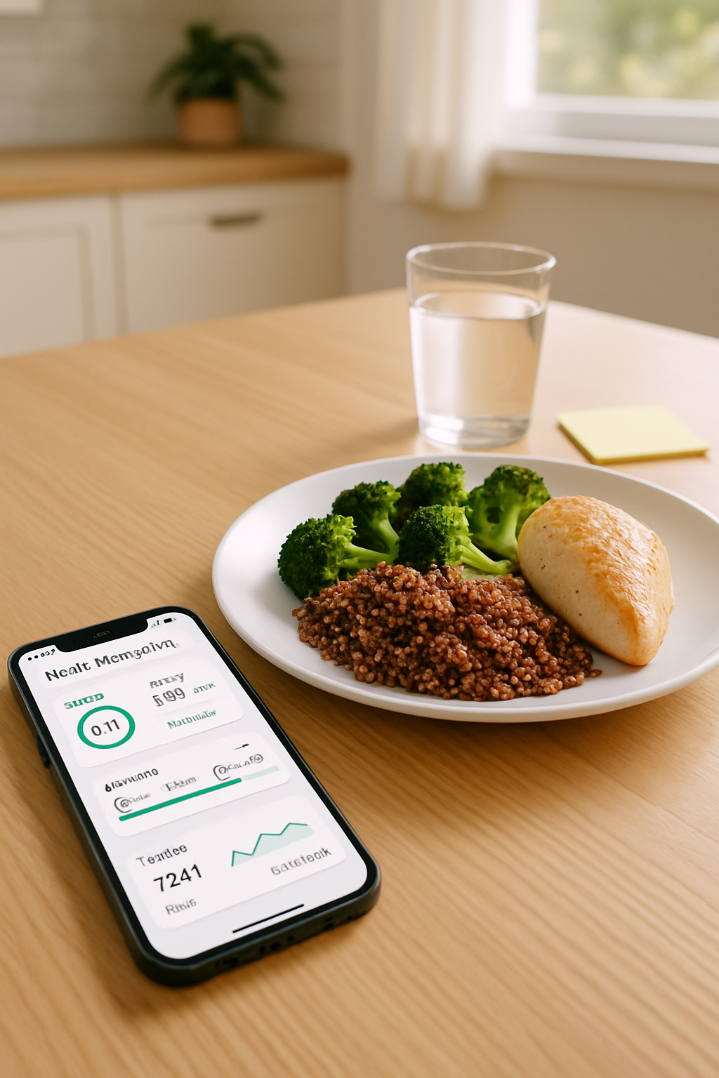 Smartphone showing the SnapEat AI food coach app analyzing a photo of a healthy salad to track calories.