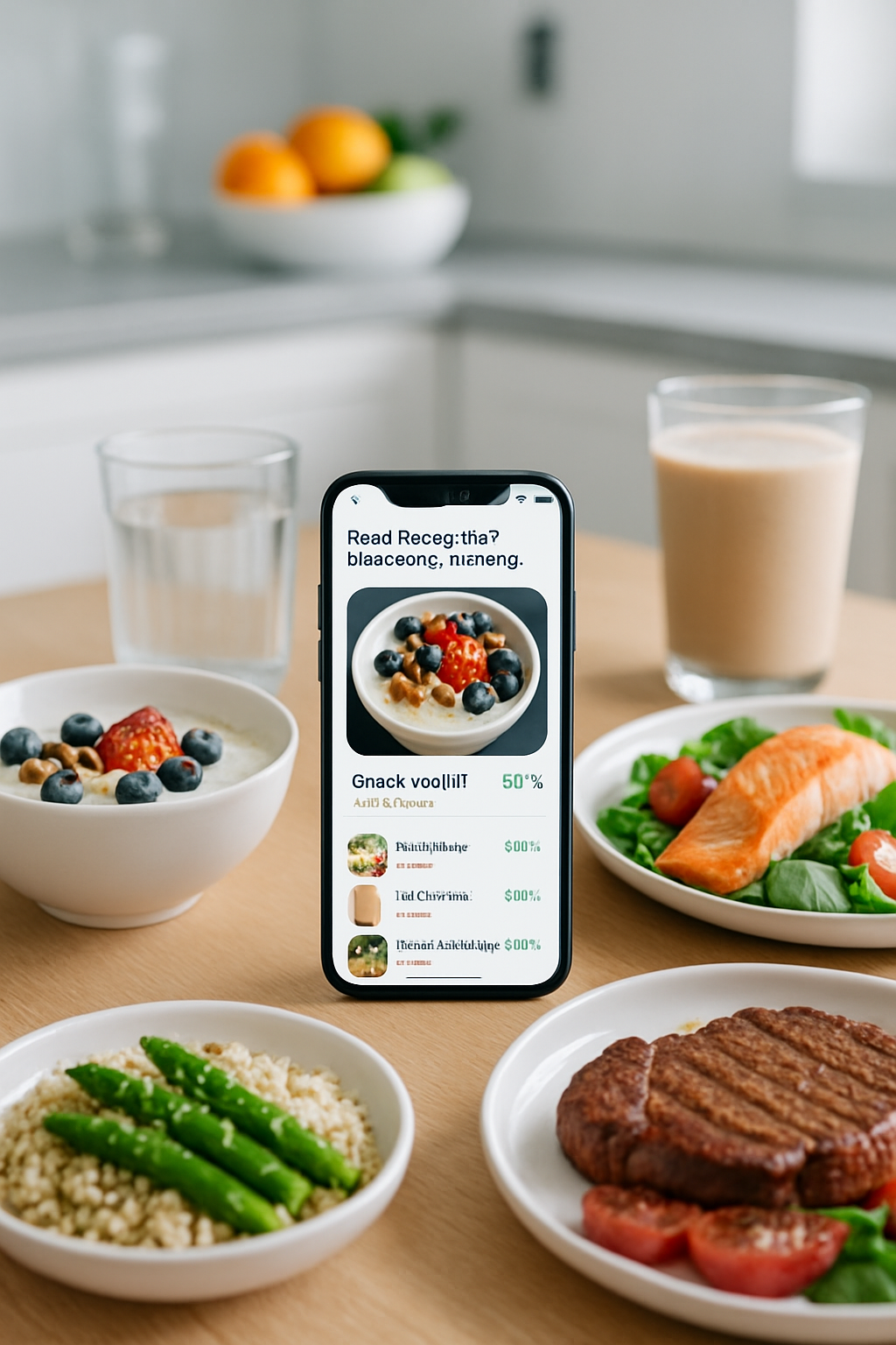 A healthy salad bowl with a phone showing the SnapEat AI food recognition interface, illustrating macro tracking for fitness goals.