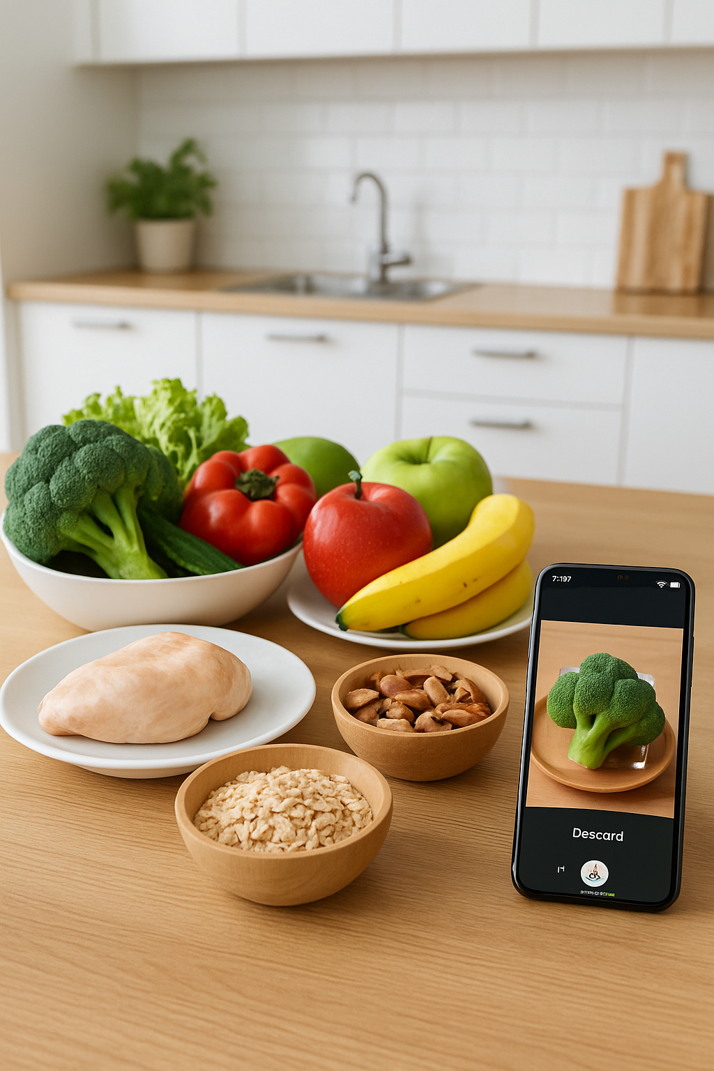 A person using the SnapEat AI nutrition tracker app on their phone to take a photo of a healthy meal.