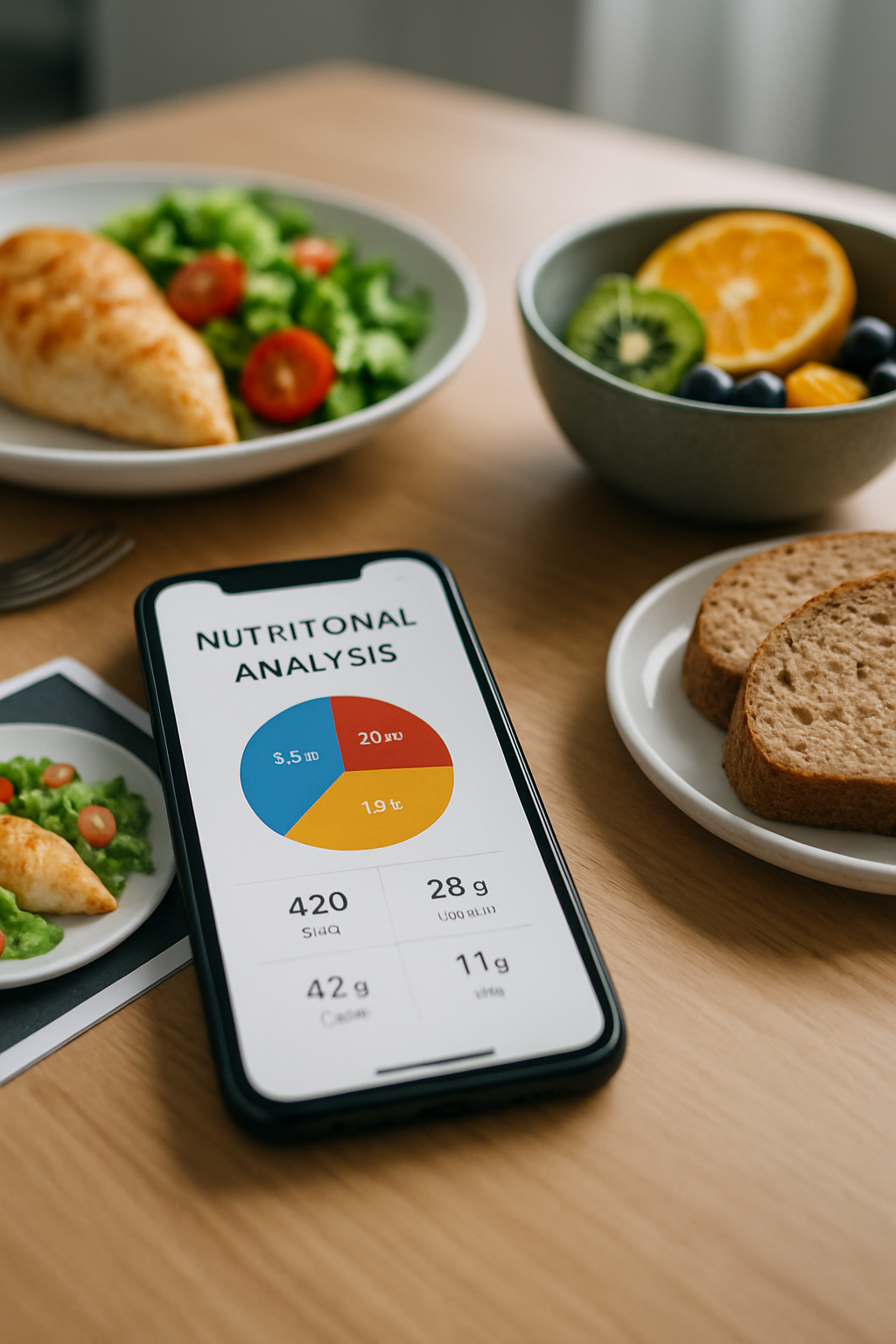 A smartphone displaying the SnapEat AI app interface after taking a picture of a meal, demonstrating the smart calorie counter and AI nutrition coach features.