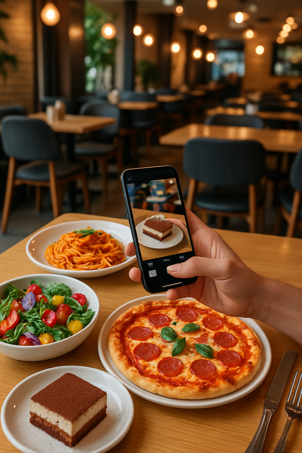 Smartphone displaying the SnapEat AI app interface, analyzing a plate of spaghetti for smart nutrition tracking.