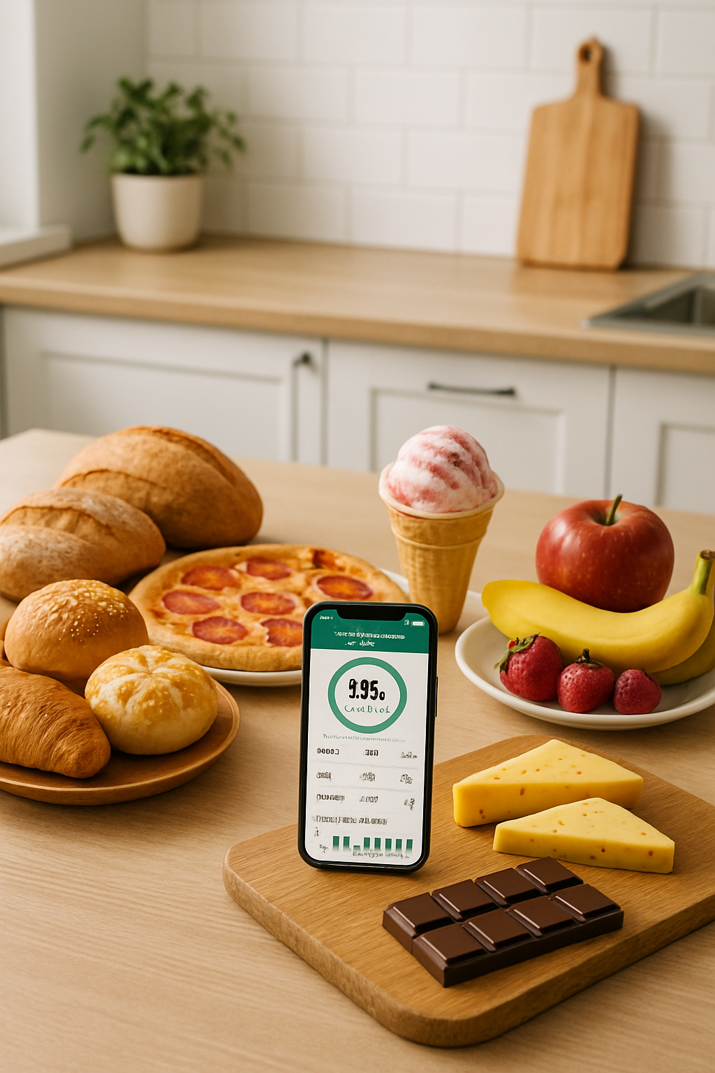 Smartphone displaying the SnapEat AI app interface analyzing the nutritional information of a slice of pizza on a plate.