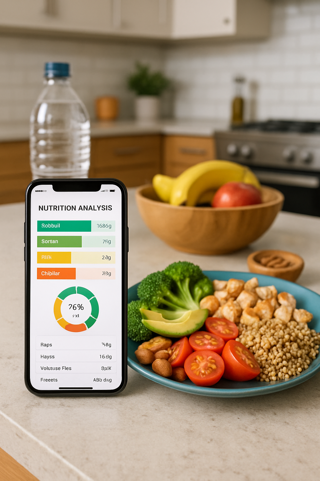 A smartphone showing the SnapEat AI food recognition feature analyzing a healthy meal of salmon and vegetables.
