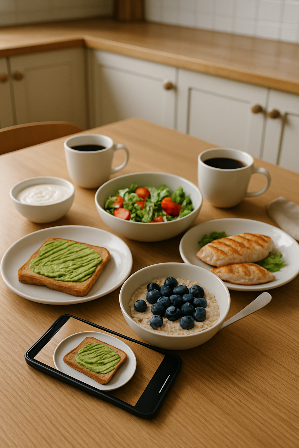 Smartphone using the MealVision AI food tracker app to scan a plate of avocado toast and eggs.