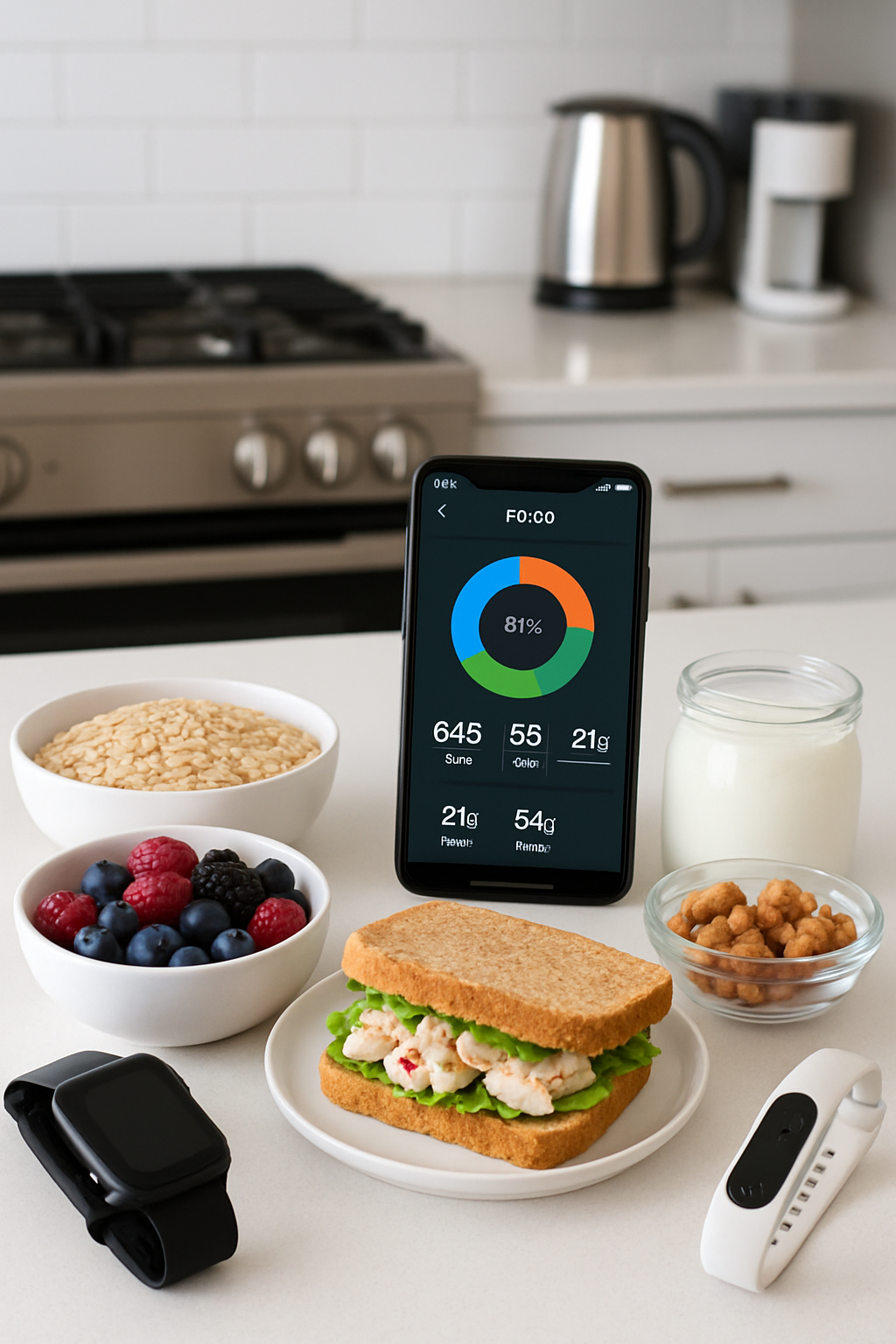 A phone displaying SnapEat AI interface with food recognition of a healthy meal, with Arda Güler inspiring precision nutrition.