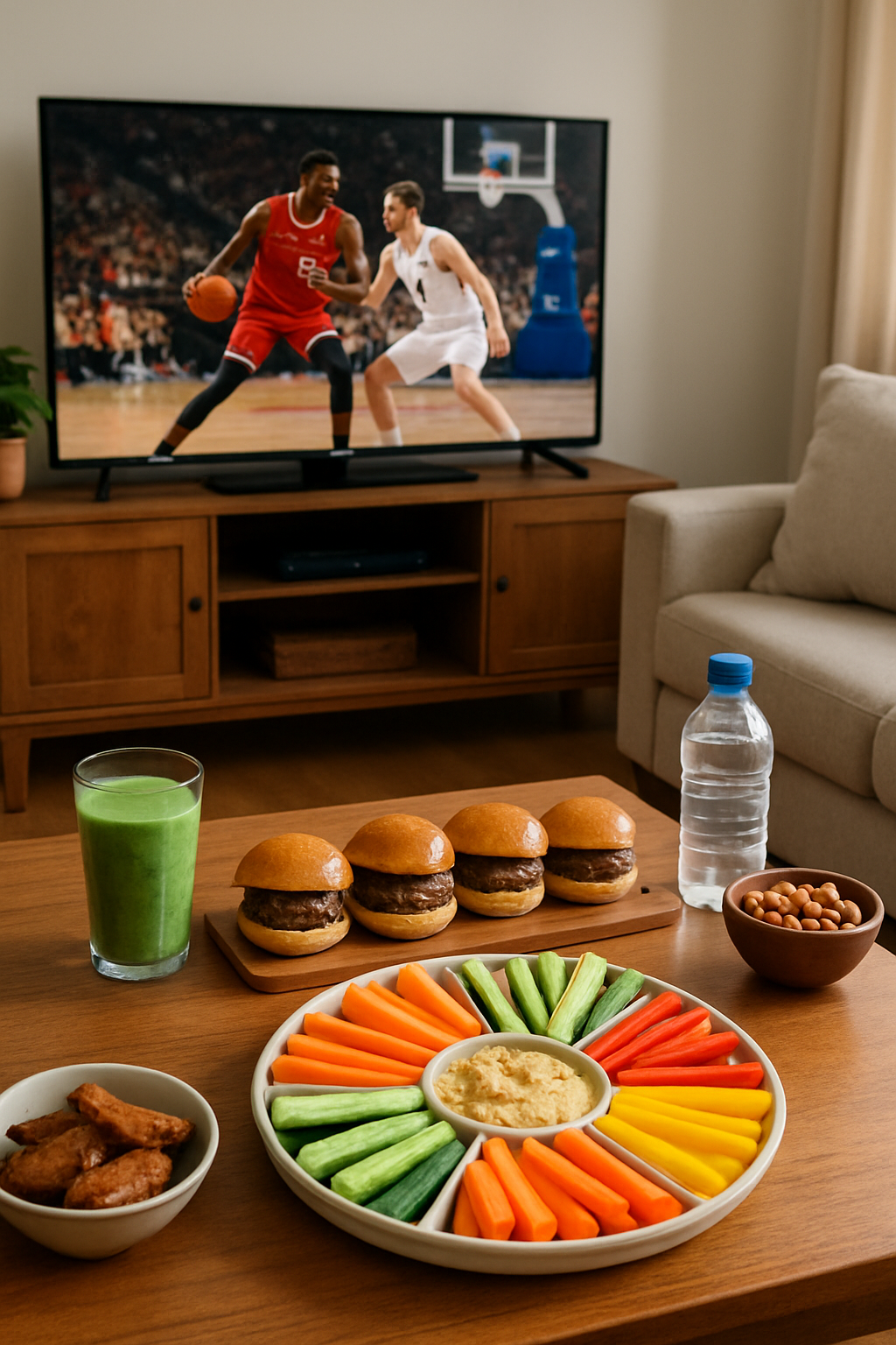 A healthy game day platter with sliders and a green smoothie next to a phone showing the SnapEat AI app during a basketball game