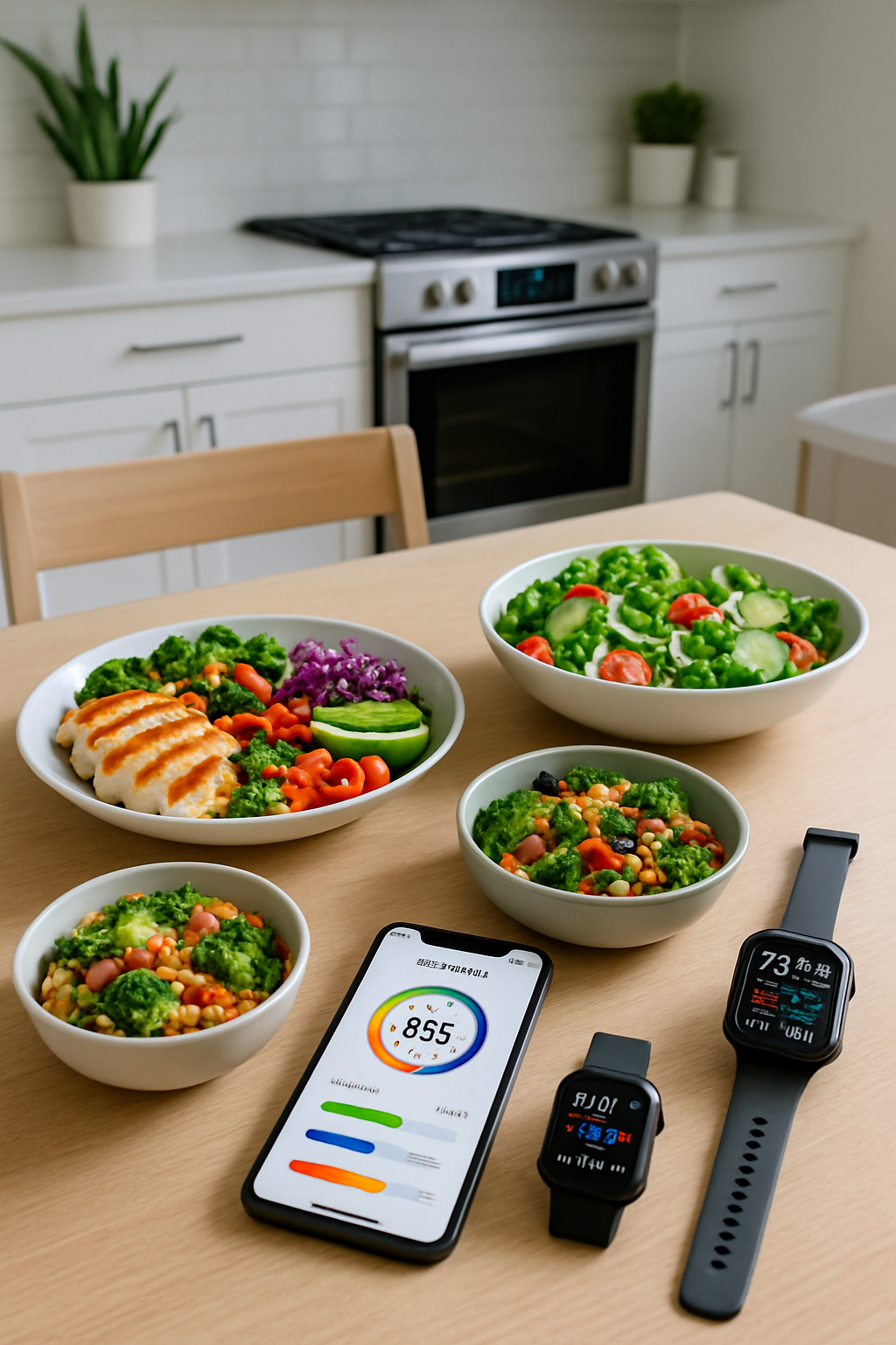 Smartphone using the SnapEat AI food recognition app to scan and analyze a healthy meal for nutrition tracking.