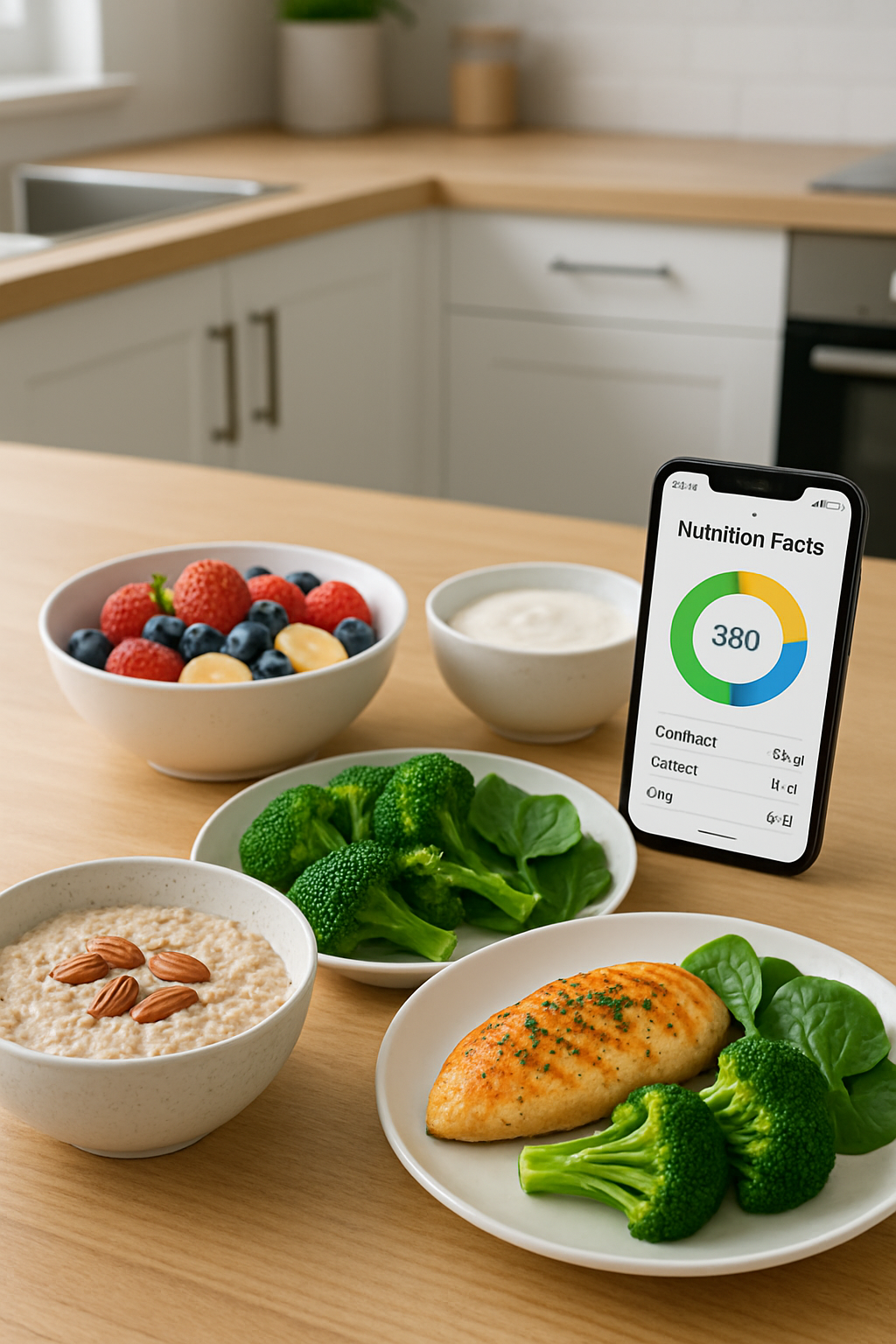 Smartphone screen showing the PhotoFood AI nutrition tracker app analyzing a bowl of salad.