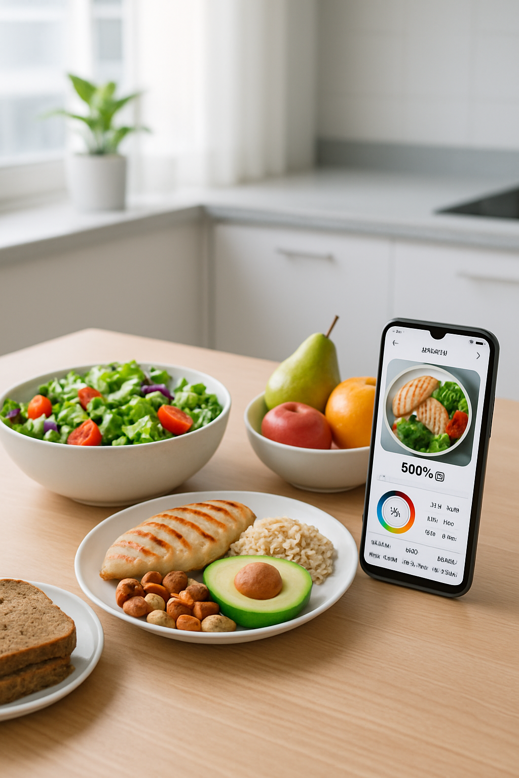 The SnapEat AI smart calorie counter app interface displayed on a smartphone, analyzing a healthy meal from a photo.