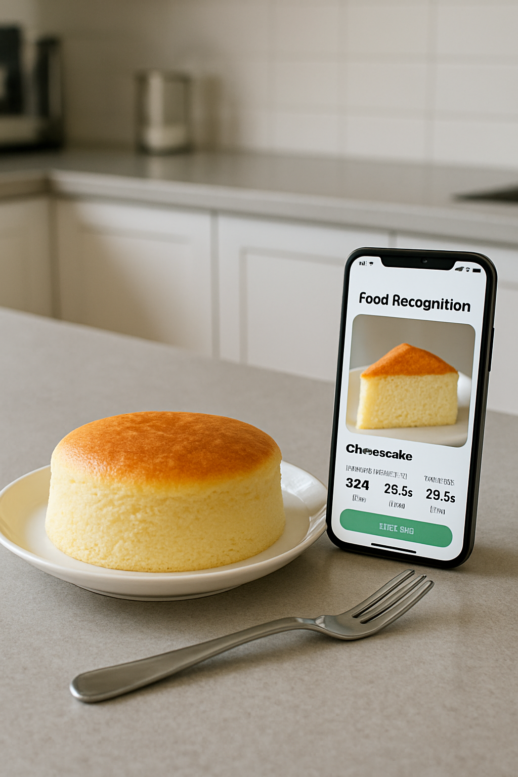 A slice of fluffy Japanese cheesecake on a plate next to a smartphone showing the SnapEat AI calorie counter app.