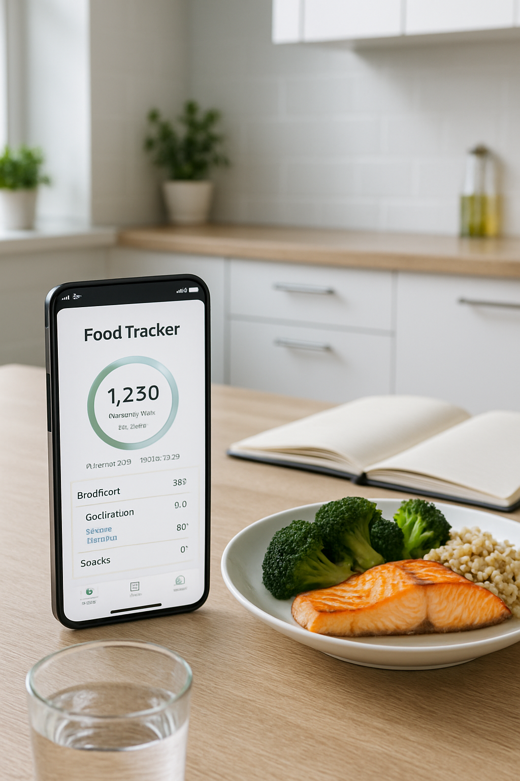 Smartphone screen showing the SnapEat AI food tracker app analyzing a healthy meal of salmon and vegetables.