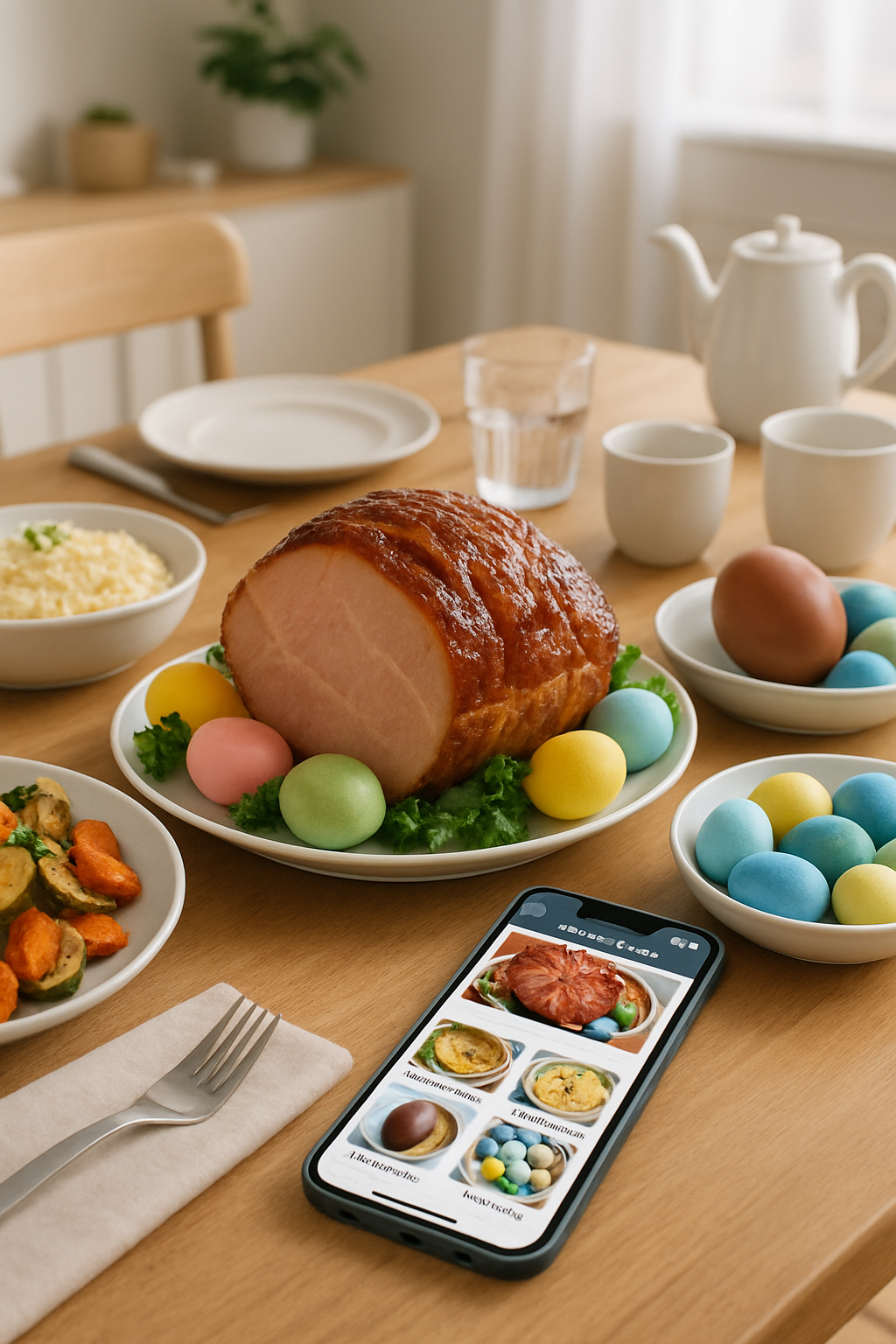 A healthy Easter plate being analyzed by the SnapEat AI smart food tracker app on a phone.