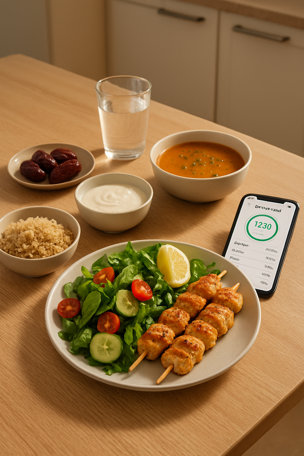 A balanced and healthy Iftar meal with grilled chicken, salad, dates and soup, ready to be tracked with an AI food tracker.