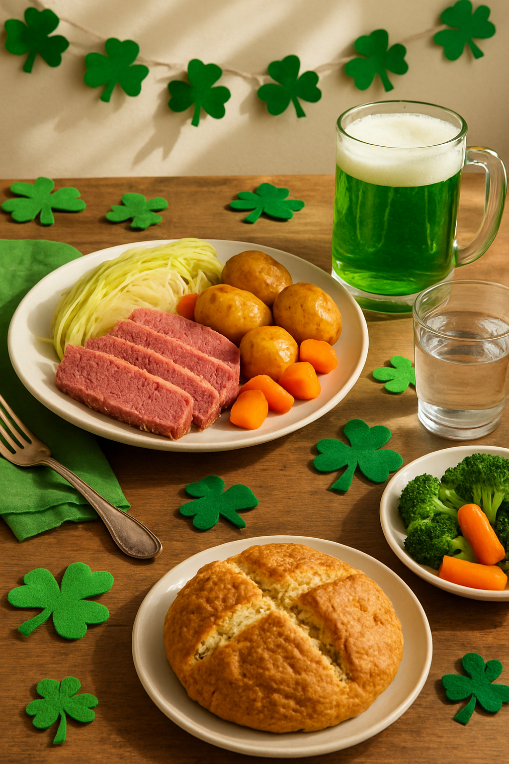 A healthy St. Patrick's Day meal of corned beef and vegetables being analyzed by the SnapEat AI calorie counter app on a phone.