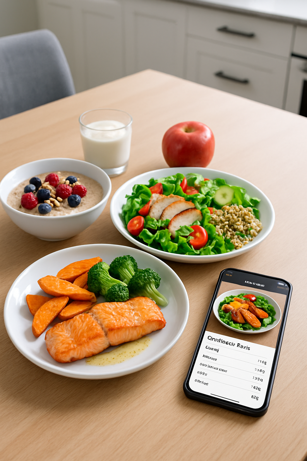 A smartphone displaying the SnapEat AI meal tracking app interface, with a healthy meal of salmon and vegetables in the background.