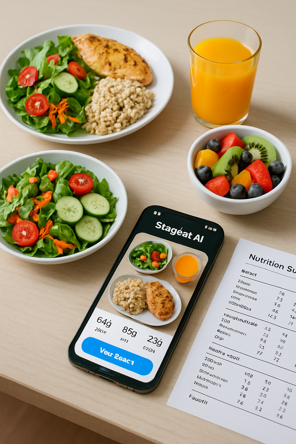 A phone using the SnapEat AI app to analyze a healthy meal of salmon, avocado and vegetables for smart food tracking and personalized nutrition