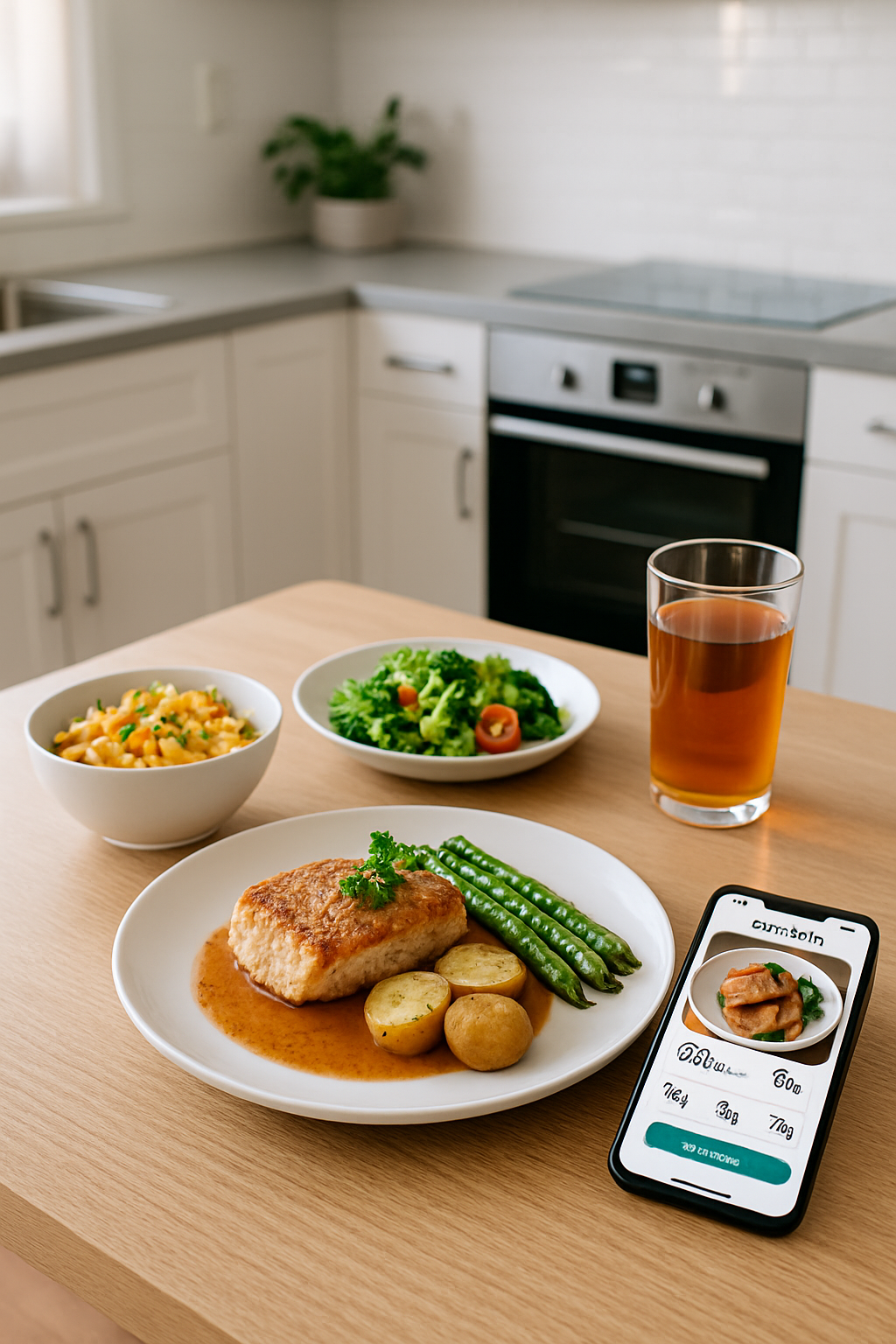 Smartphone showing the SnapEat AI app interface analyzing a healthy meal of salmon and vegetables from a photo.