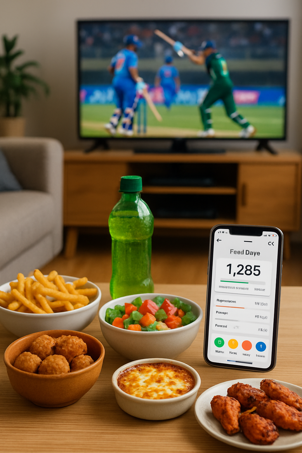 A smartphone showing the SnapEat AI app interface analyzing a plate of Indian food during an IPL cricket match.