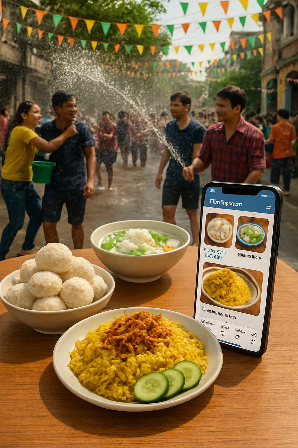 A person using the SnapEat AI food recognition app to track calories in traditional Thingyan food.