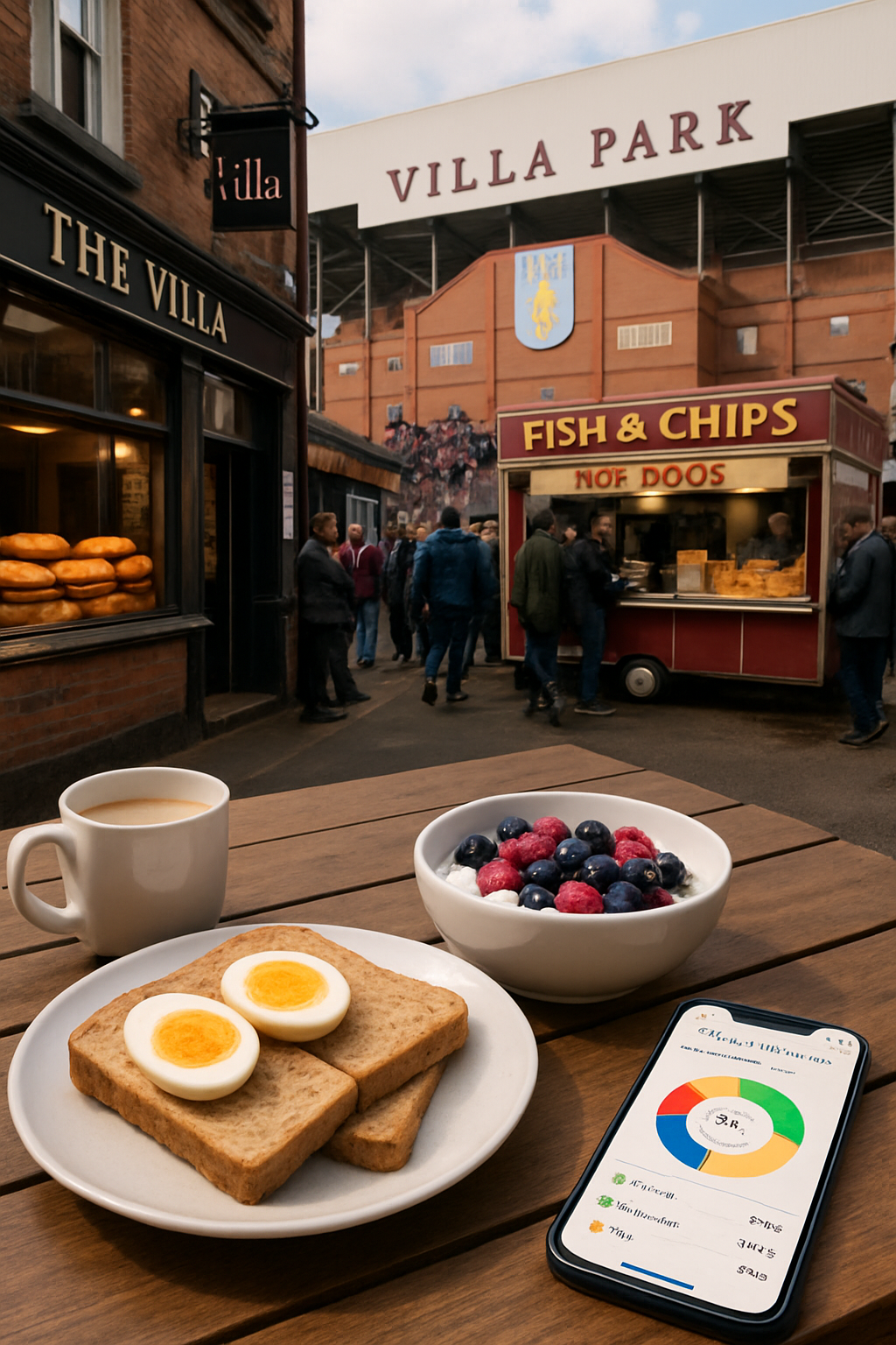 An Aston Villa fan uses the SnapEat AI app on their phone to track the calories in a stadium pie and pint.