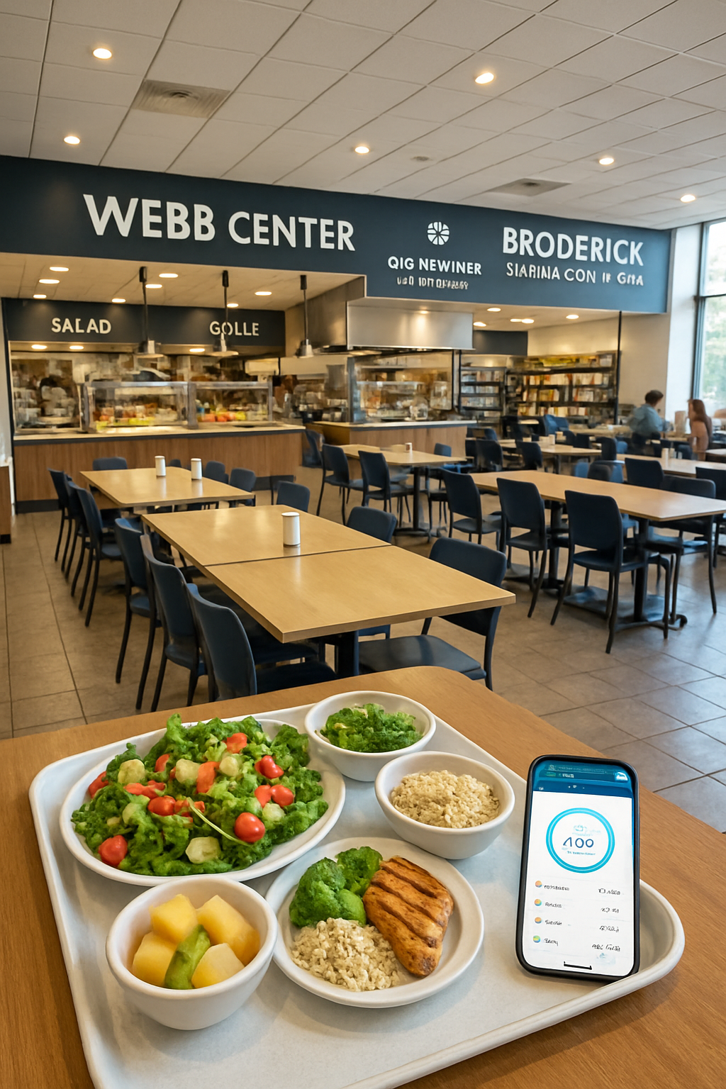 Student at Old Dominion University using the SnapEat AI app to track nutrition from a dining hall meal.