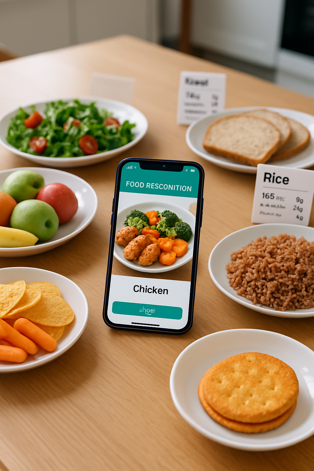 Smartphone showing the Calorie Snapper food recognition app analyzing a healthy meal of chicken, rice, and broccoli.