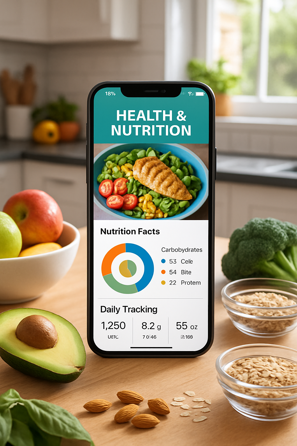 A smartphone displaying the SnapEat AI nutrition coach app interface, analyzing a healthy meal.