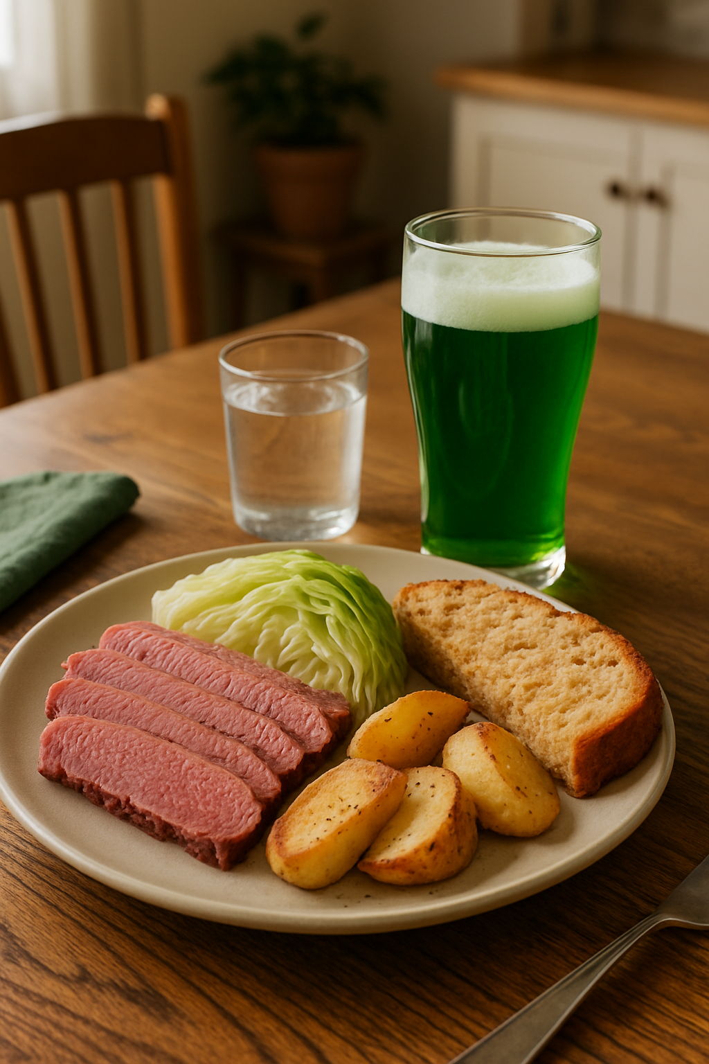 A healthy St. Patrick's Day plate being analyzed by the SnapEat AI food tracking app on a smartphone.