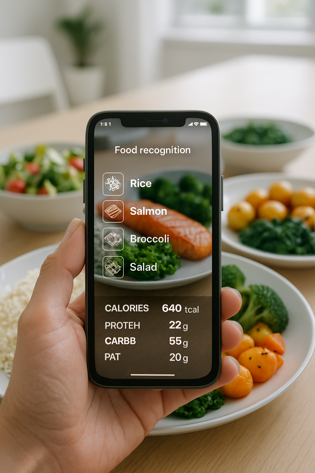Smartphone showing the SnapEat AI calorie tracker app interface analyzing a photo of a healthy meal with salmon and avocado.