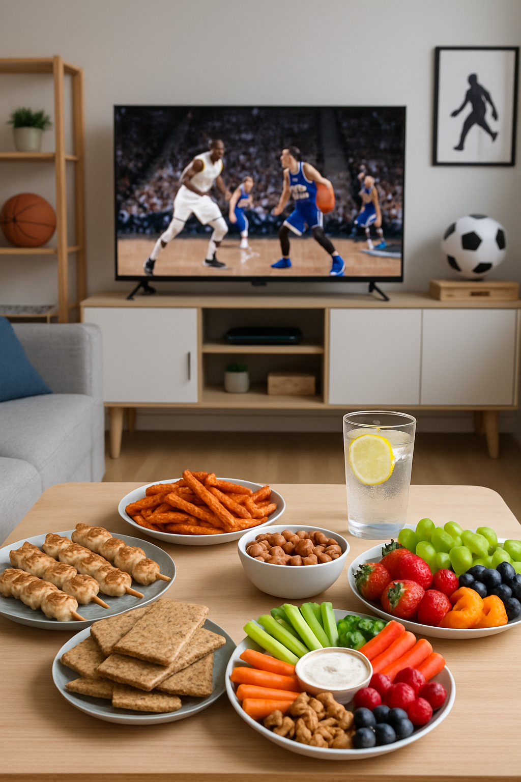 Healthy game day snacks platter with hummus, veggie sticks, and chicken, planned with a nutrition coach app