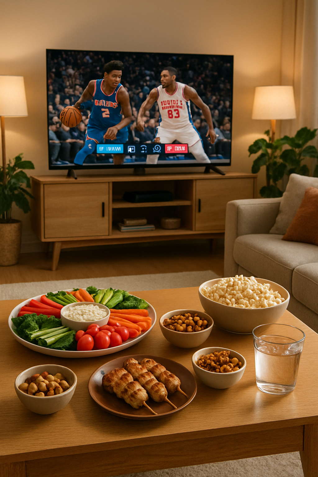 A healthy game day nutrition spread with vegetables, dips, and chicken skewers in front of a basketball game on TV, illustrating healthy game day snacks.