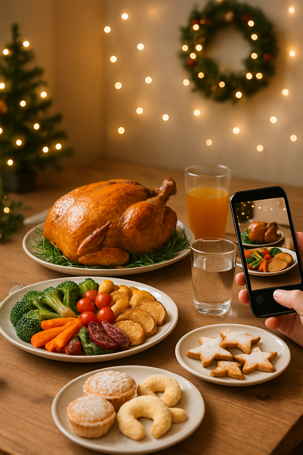 A smartphone displaying the SnapEat AI app next to a festive plate of healthy holiday food, illustrating mindful holiday eating.