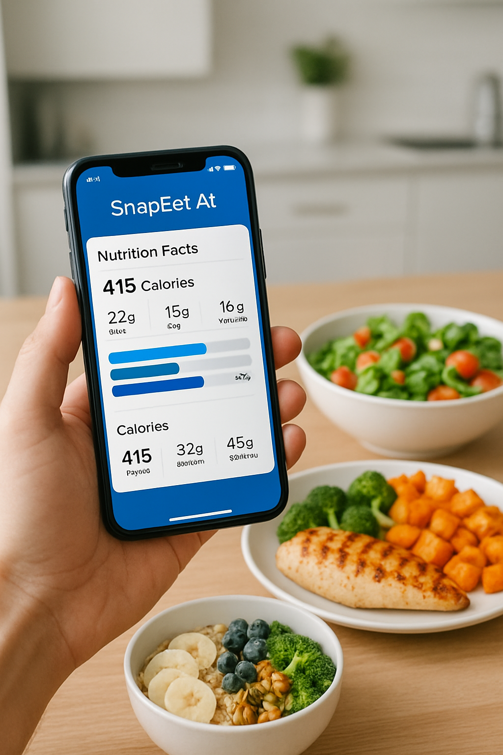 Phone screen showing SnapEat AI's smart calorie counter analyzing a meal for a TikTok content idea.